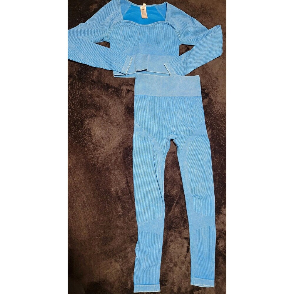 Women's New Mix Blue Ribbed Knit 2 Piece Set Top Leggings Long Sleeve Small